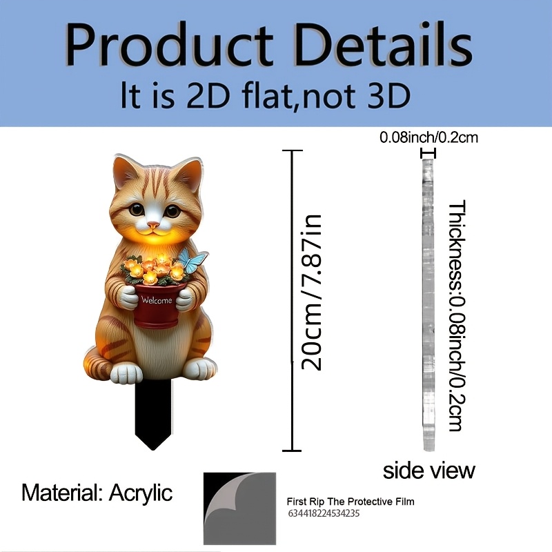 E-shop 2D Flach, [2D Flach] . Outdoor-Garten-Katzen-Dekoration mit Blumentopf – Pfahl geeignet für Terrassen, Balkone, Gehwege – Orangefarbene Katze