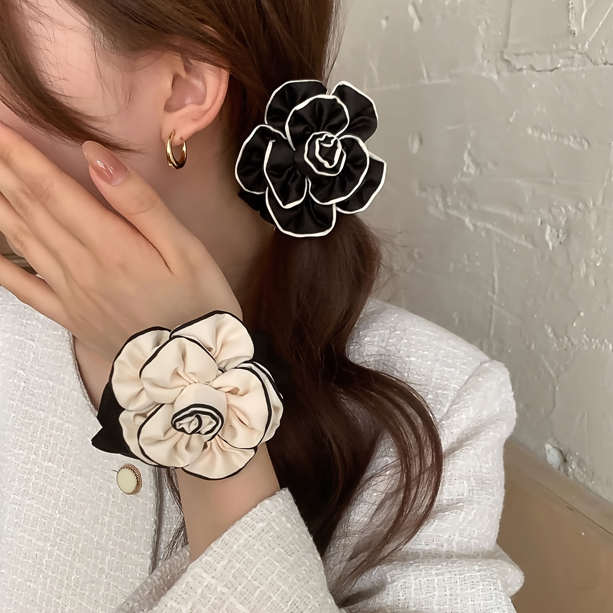 

2pcs/1pc Elegant French Hair Flowers, Solid Color Fabric Hair Ties, High Ponytail Hair Accessories For Women, Valentine's Day Gift
