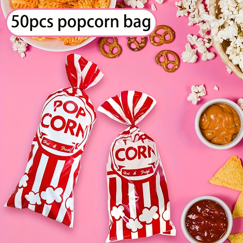 

50 Pack Plastic Popcorn Bags For Parties - Carnival Circus Snack Treat Bags Set - Striped Candy Bags For Christmas, Birthday, Movie Night Treat Supplies