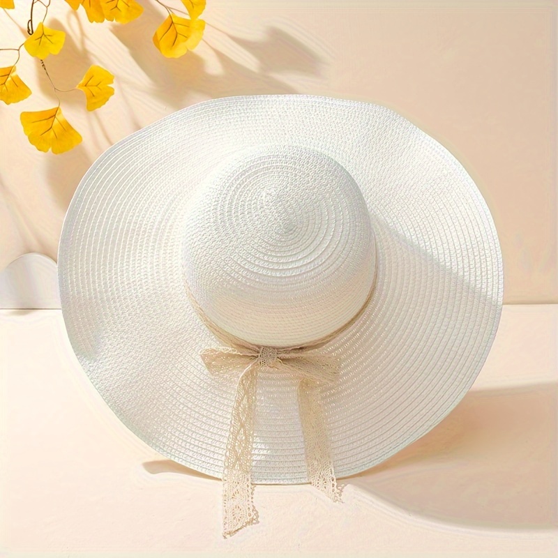 bowknot sun hat Lace Ribbon Brim Straw Hat Women Sunblock Hat Wide Brim Sun