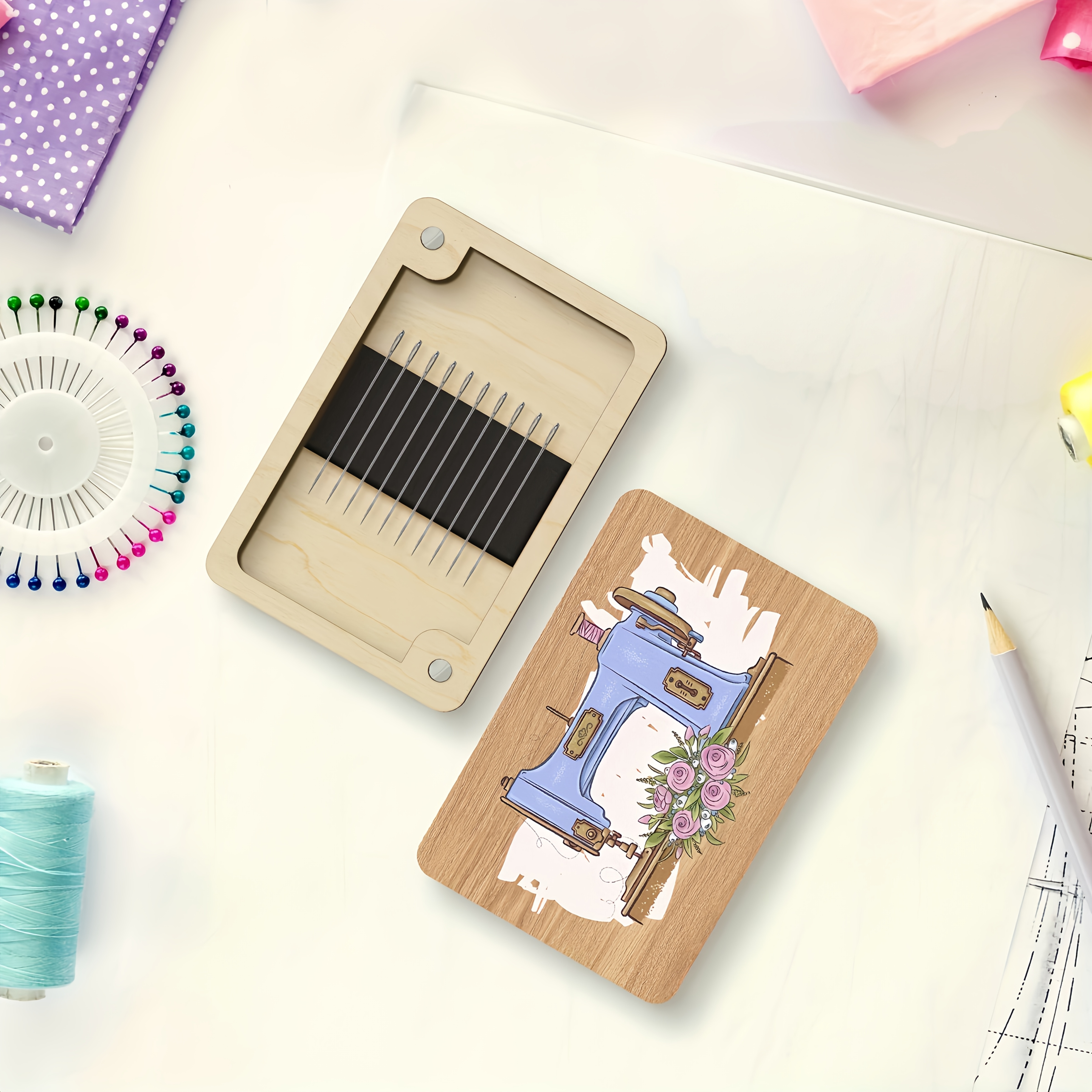 TEMU 1 Sewing Supplies Storage Box, Sewing Machine Pattern Spool Holder, Magnetic Needle Case, Decorative Wooden Box, Durable Wooden Box, Sewing