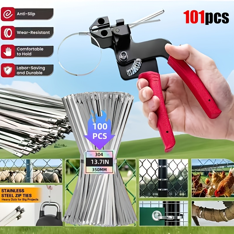 TEMU Stainless Steel Cable Tie Gun Kit-100pcs 11.8 Inches 304 Heavy Duty Metal Zip Ties, 200lbs Tensile Strength And Uv Resistant-for Fence, Exhaust