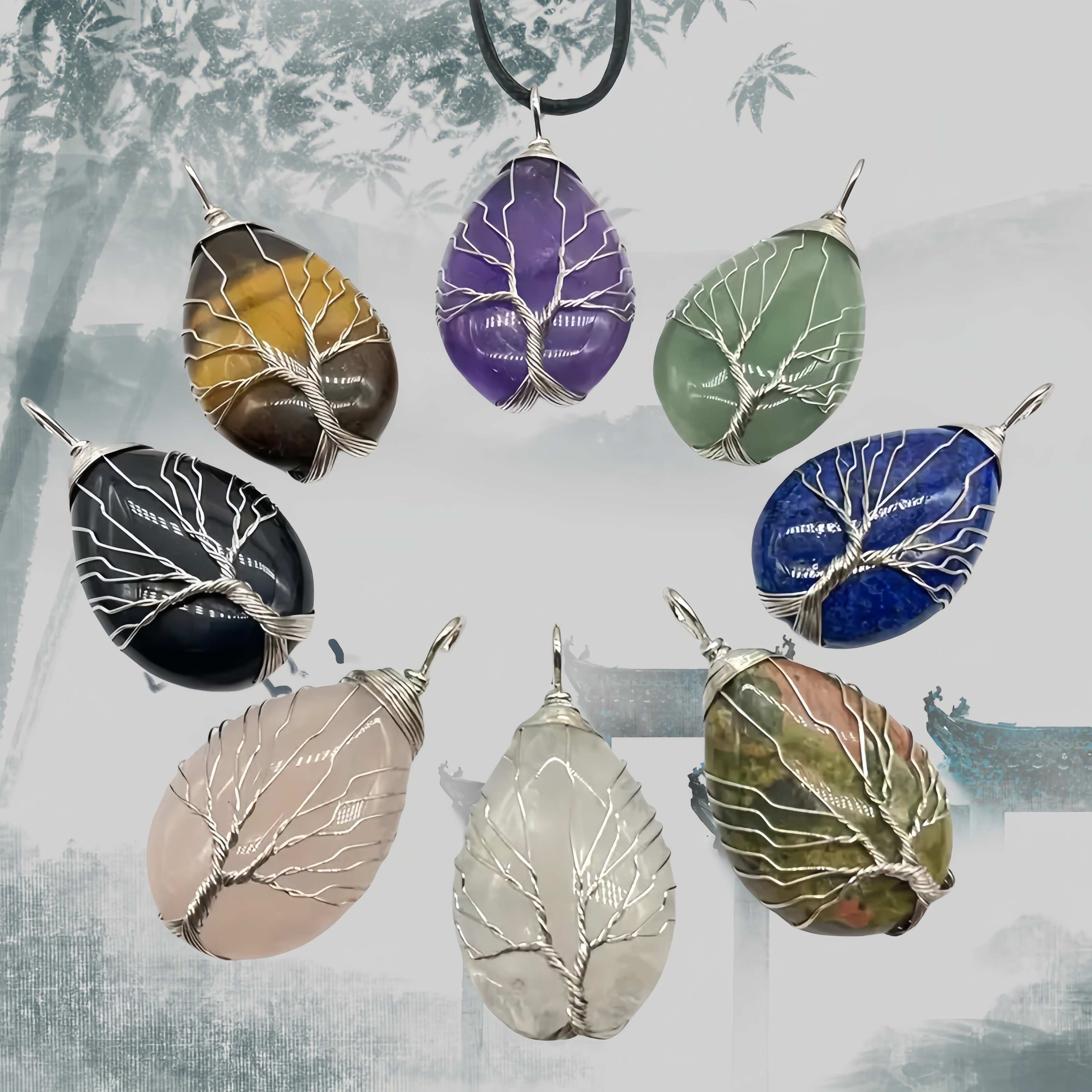 

8pcs Natural Stone Agate Tree Of Life Pendant Necklaces, Handcrafted Water Drop Charms For Jewelry Making