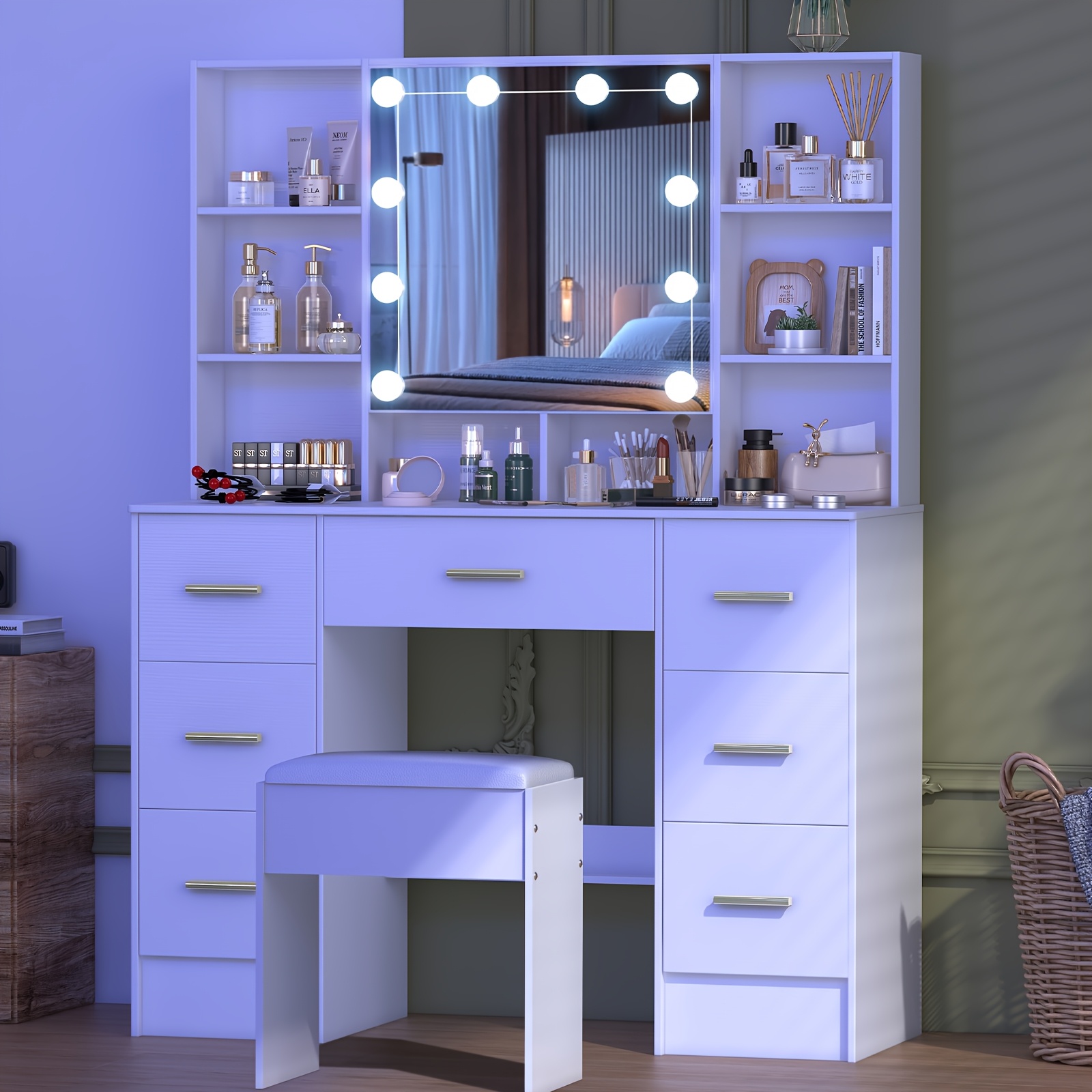 TEMU Vanity Desk Dressing Table Makeup Dressing Table Set With Led Illuminated Mirror, 7 Drawers, Multiple Compartments, Stool Included, Birthday,