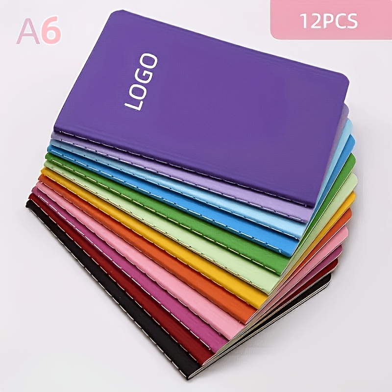 TEMU 12-pack Laser A6 Notebooks - Customizable Logo/text/color, Color-coded Binding (purple, Blue, Green, Yellow, Pink, Red) - Bulk Order Diaries For