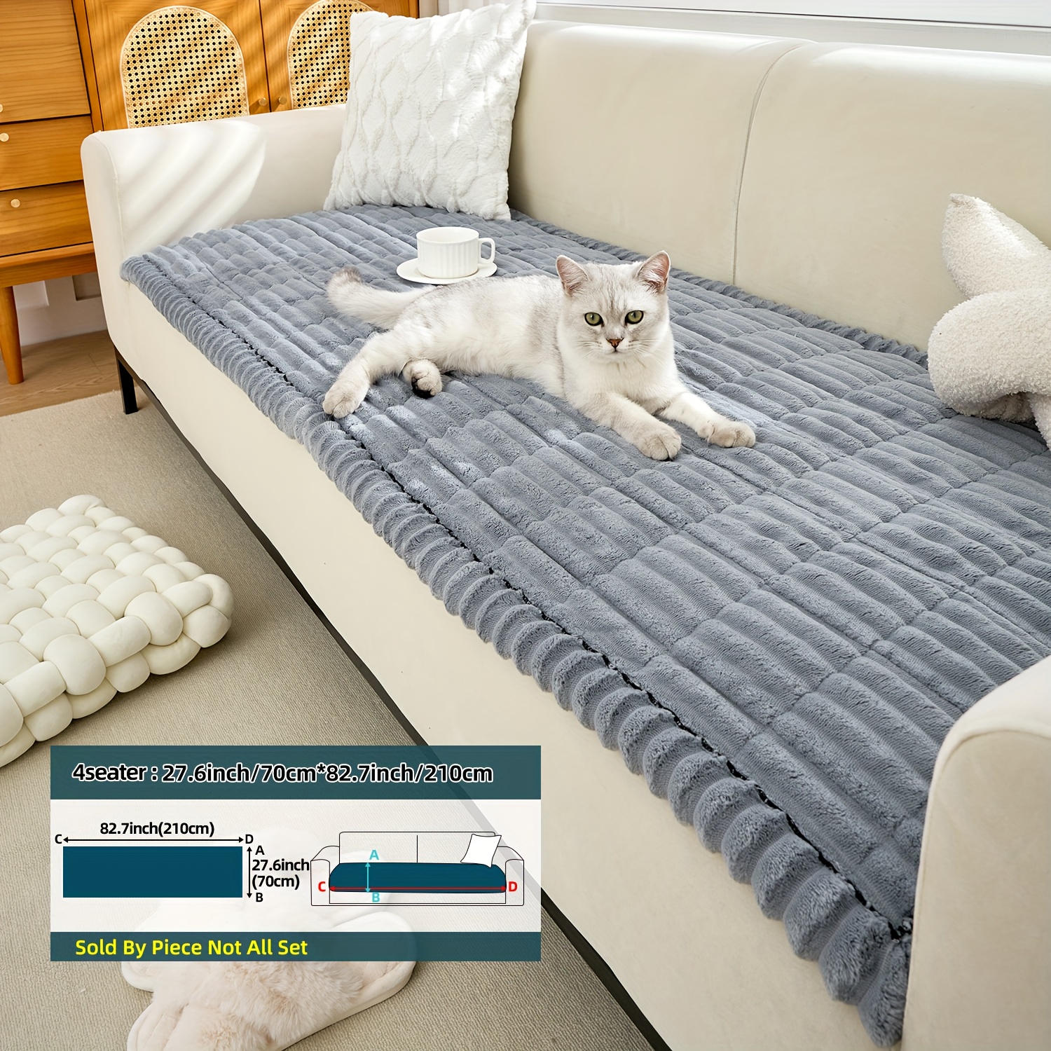 TEMU 1pc Bohemian Plush Sofa Cushion With Edges, Pet-friendly Four-season Non-slip Protective Cushion, Suitable For Single-seat To 4-seat Sofa