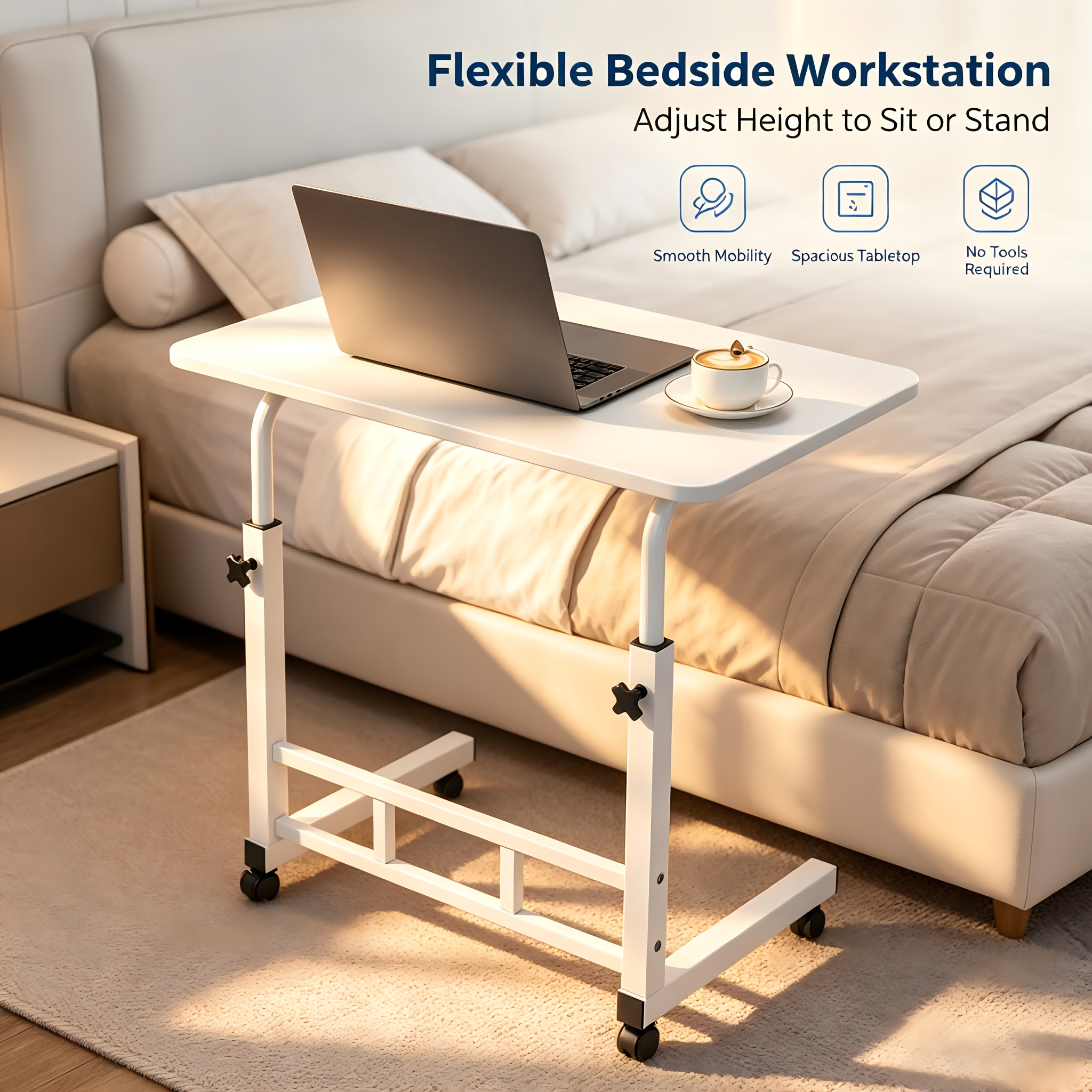Height Adjustable , Computer Desk With Rollers, Standing Table With 360° Rotatable And Closeable Rollers, Small Pc Table For Home Office, Living Room, Bedroom, 80x40x66-90cm