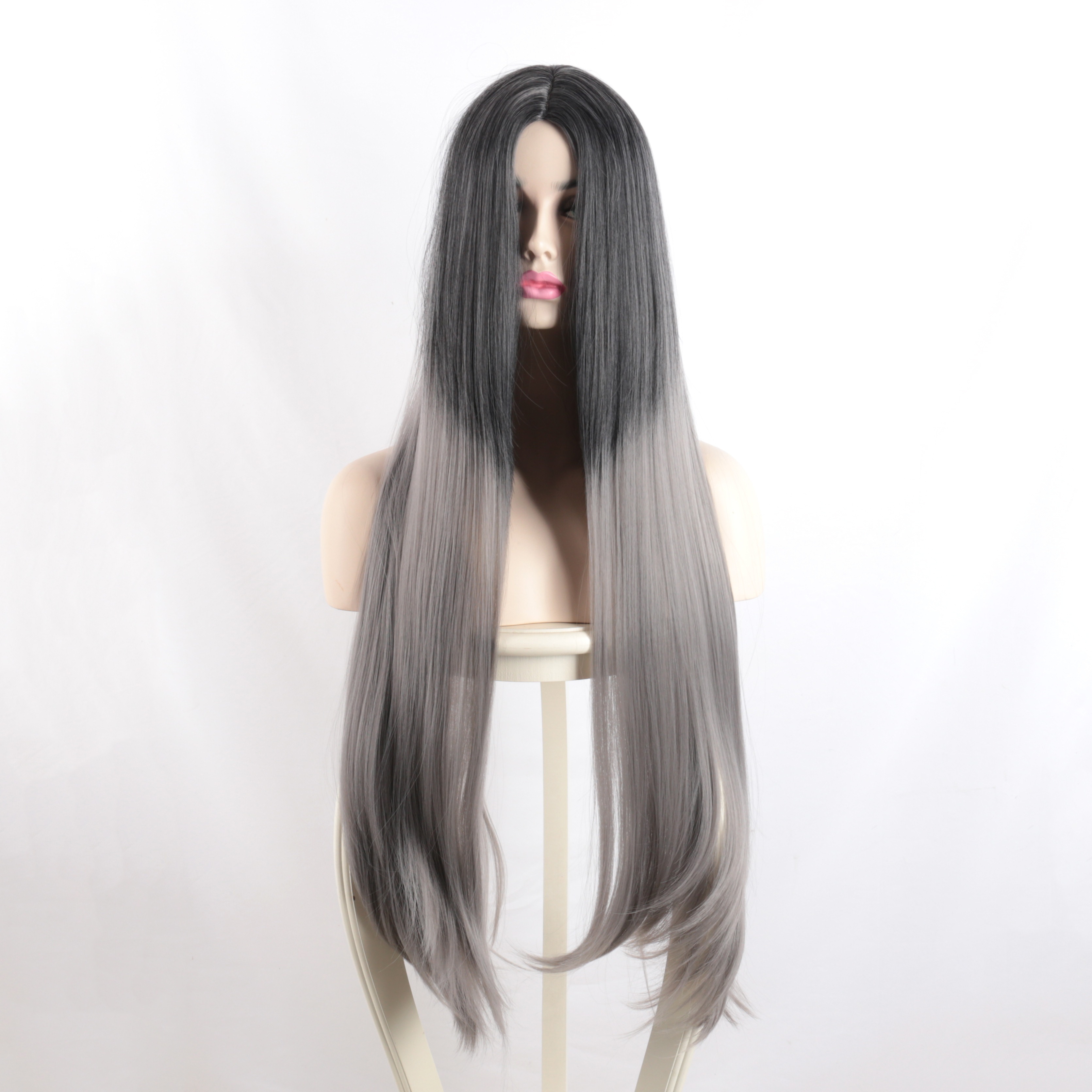 Anime-Inspired Long Straight Wig with Bangs Heat Resistant, Black to Gray  Ombre for Women's Cosplay Halloween Costumes
