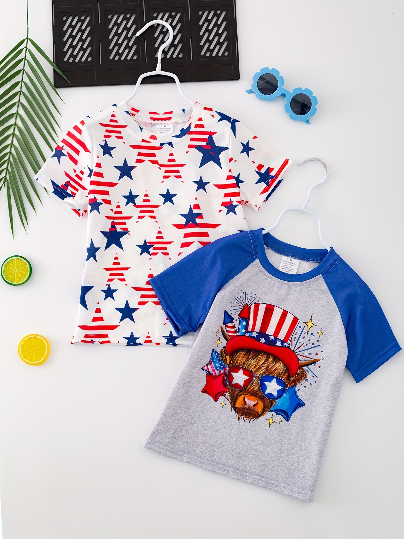 独立記念日 男の子用Tシャツ 2枚セット 牛と星柄 半袖 快適 万能 夏用T 