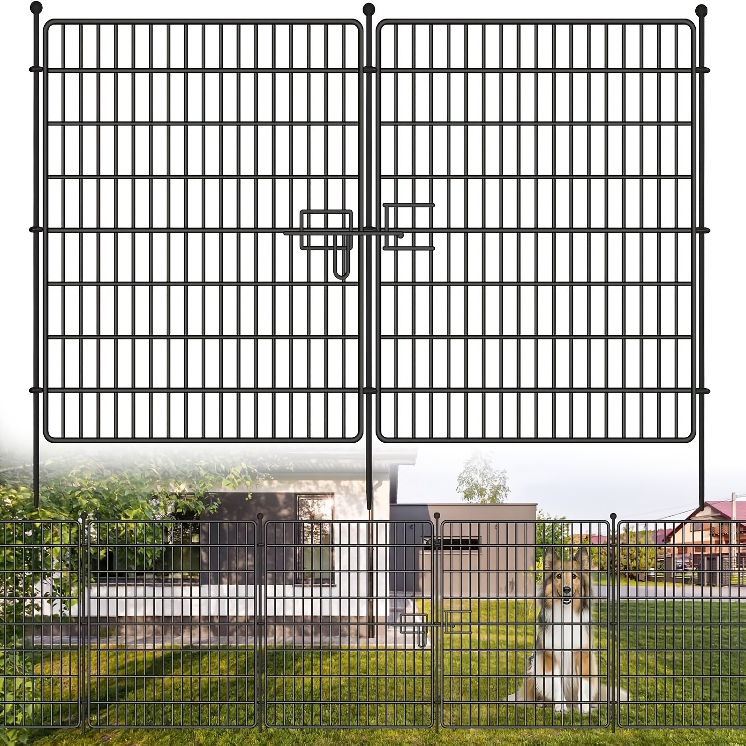 Image of Decorative Garden Fence Panels - 15 Pack No Dig Metal Animal Barrier, 7.4m L X 81cm H, Rustproof Wrought Iron Wire For Dogs, Rabbits, Patio & Yard Protection
