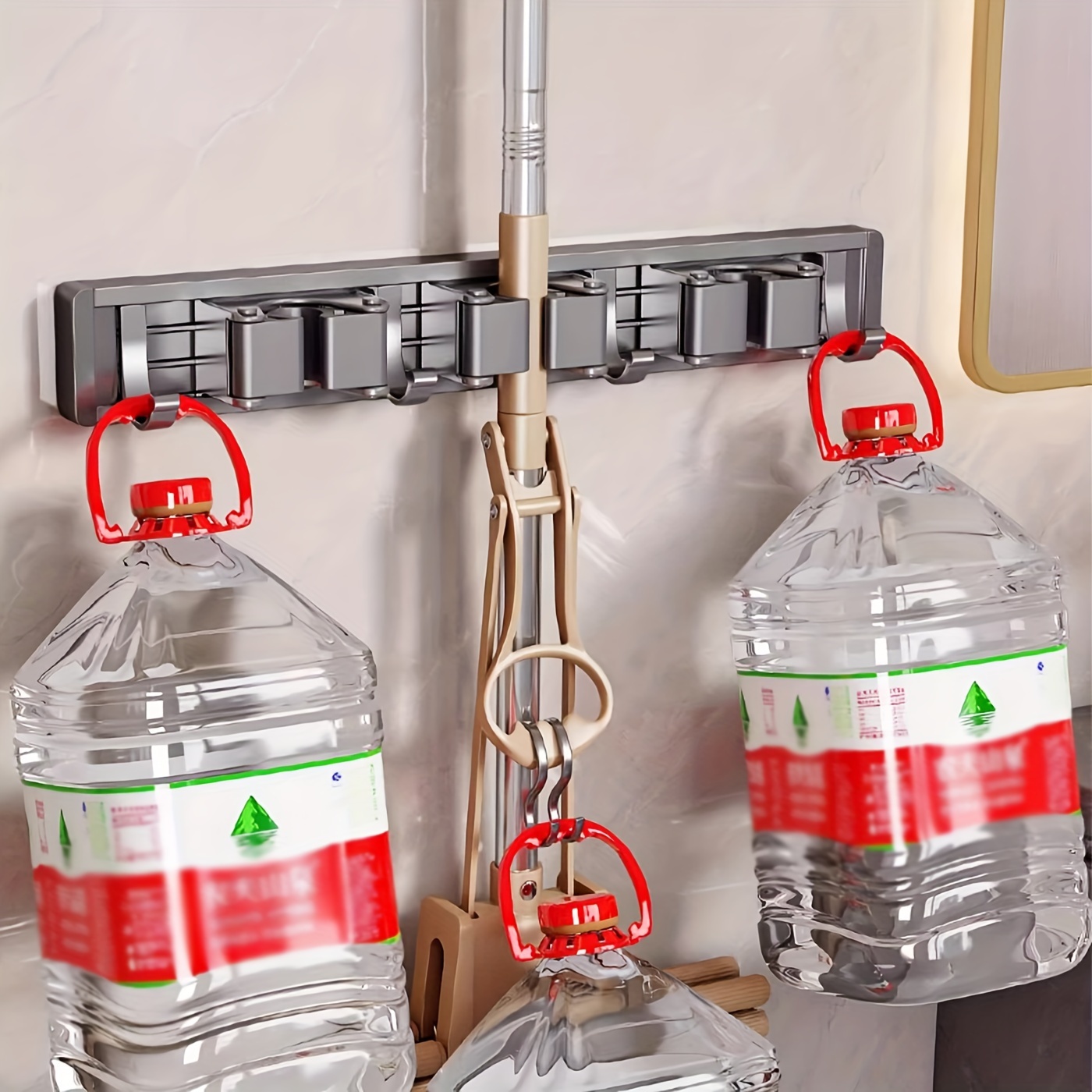 1pc Bathroom Storage Rack Metal Mop & Broom Holder with Adjustable Hooks, Wall-Mounted Storage Organizer for Home, Kitchen, Garden, Laundry, Garage - Lacquered Finish, Space-Saving Shelf for Mops, Brooms, Tools, Shelves