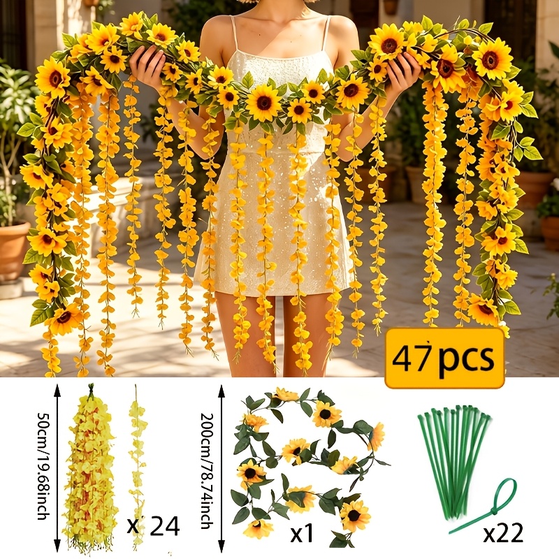 TEMU 1pc Sunflower Vine + 24pcs Yellow Wisteria Flowers + Free 22pcs Ties, Autumn Artificial Flower Combination Set, Suitable For Autumn Vine Decor,