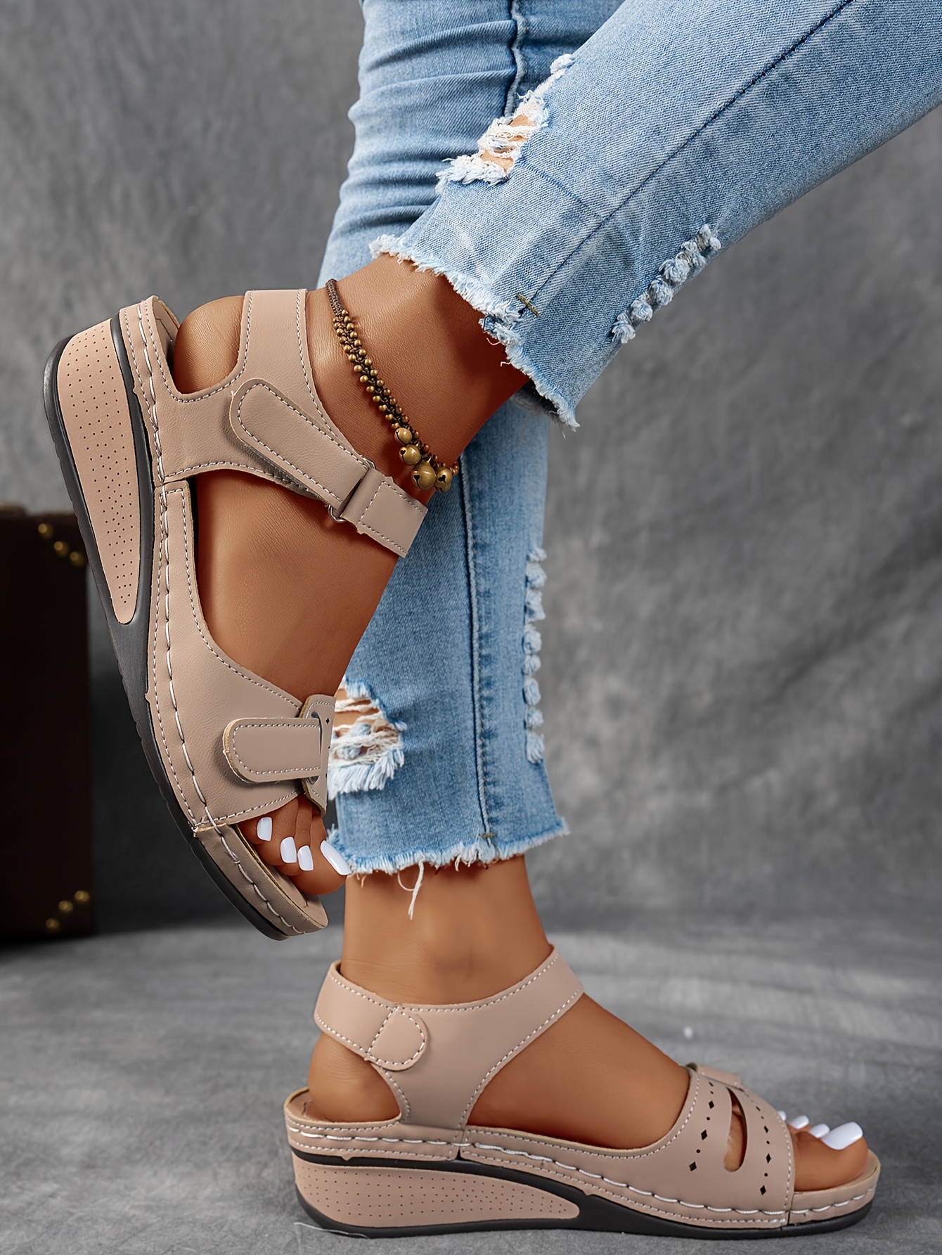   womens beige wedge sandals comfortable open toe platform shoes with adjustable ankle strap perforated design for   casual summer fashion strappy sandals Product details 5