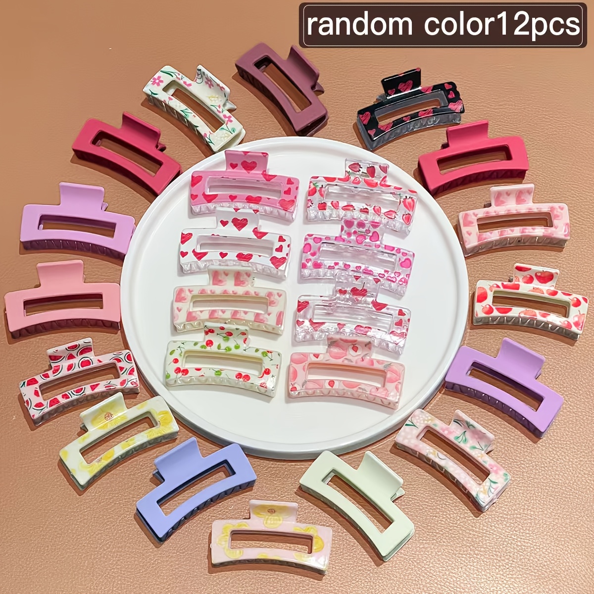 TEMU Lot de 12 pinces à cheveux griffes de requin rectangulaires ajourées, pinces requin de 2,51 pouces avec joli imprimé floral cœur et , pinces à