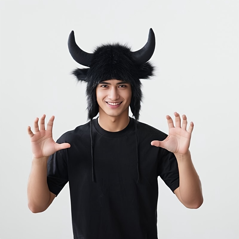 

Plush Unisex Hat With Bull Horns For Halloween, Perfect For Keeping Your Ears Warm In Winter