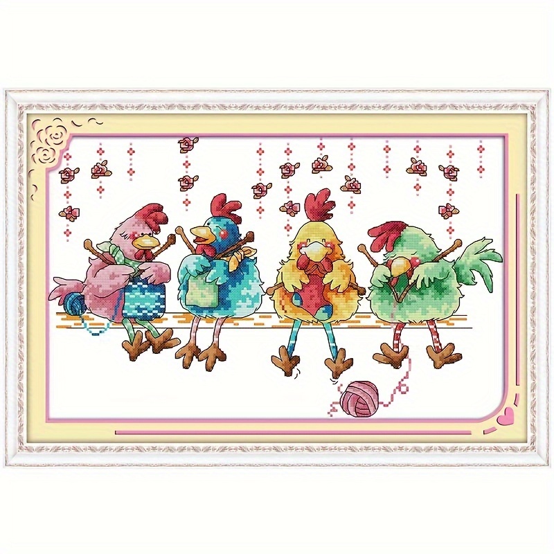 

1set Diy Cross Stitch Kit, 14ct Printed The Chicken Knitting A Sweater Pattern Cross Stitch Material Package, Home Decoration Painting For Bedroom, Living Room