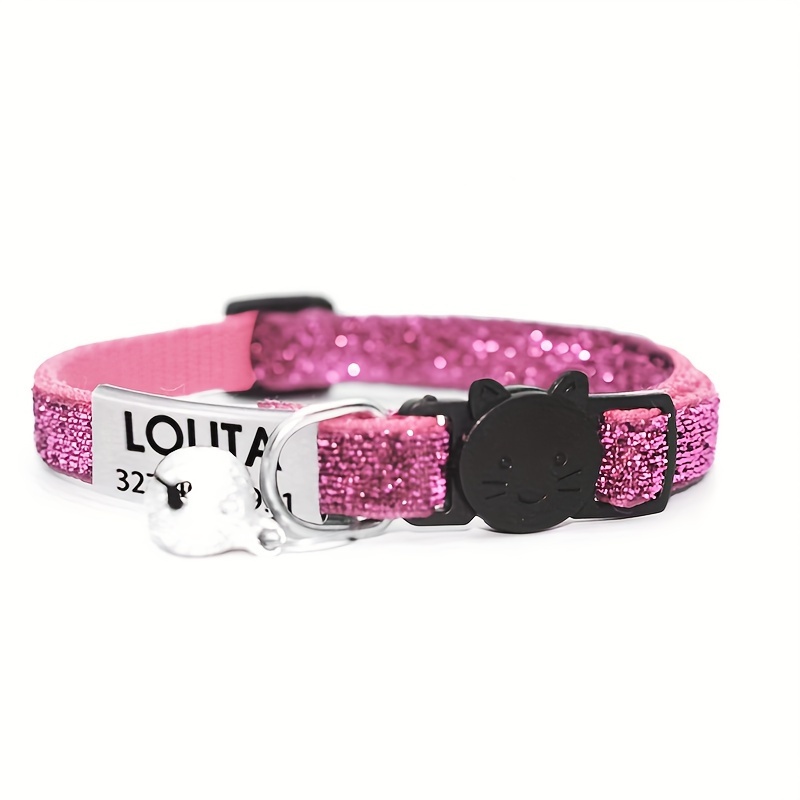 TEMU Personalized Sparkling Cat Collar With Engraved Id Tag & Bell - Vibrant Glitter Design In Multiple Colors, Custom Name Pendant For Kittens & ,
