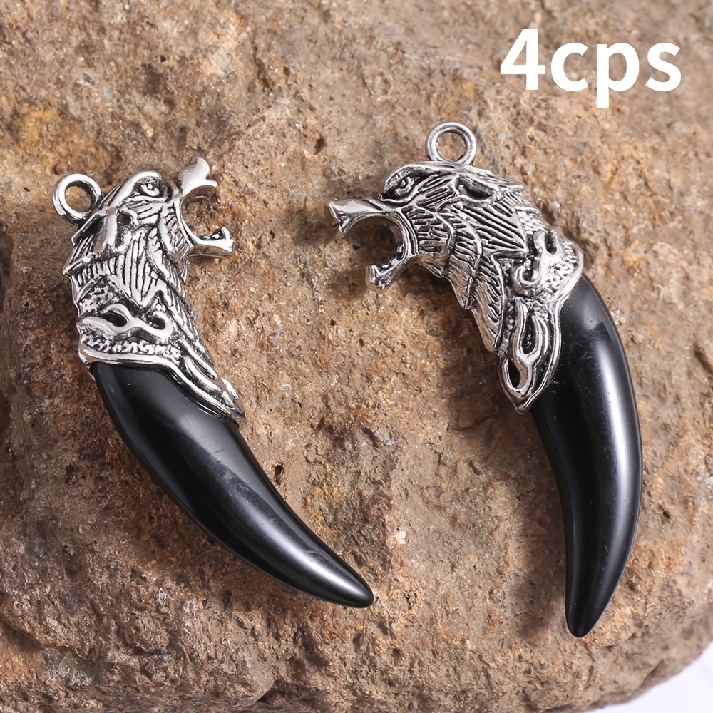 E-shop 4 Stk. Wolfszahn-Anhänger, Vintage-Stil, geeignet für Anhänger, Schlüsselanhänger, Halsketten, Armbänder, Ohrringe, Bastelarbeiten,