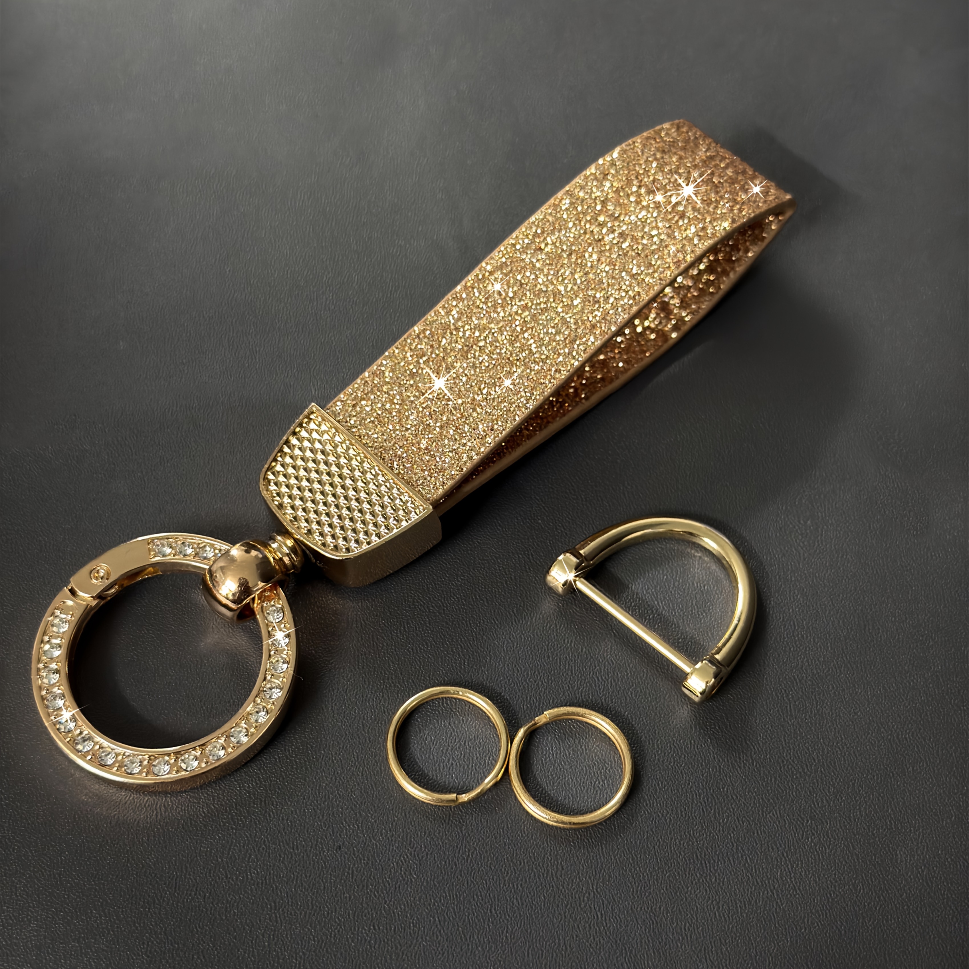 TEMU 360-degree Rotating Diamond Head, Sparkling Glitter Car Keychain, Anti-loss D-ring With 2 Key Rings - Alloy Fashion Accessory, Suitable For Men