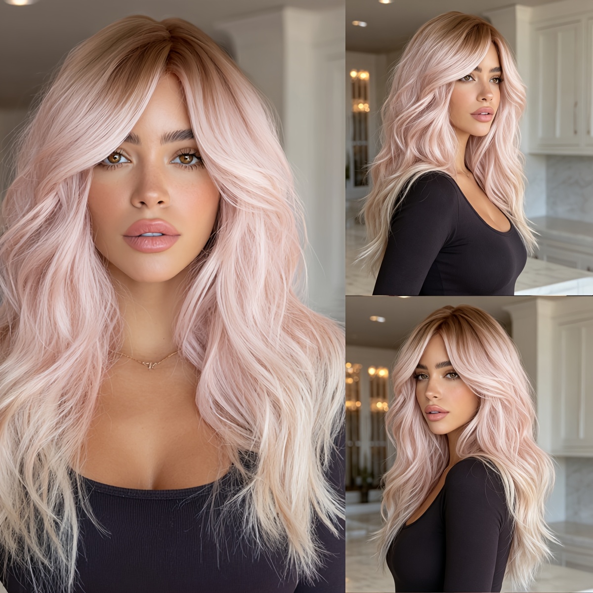 TEMU 22 Inch Pink Blonde Ombre Wavy Wig Long Synthetic Wig For Women Soft Looking Hair