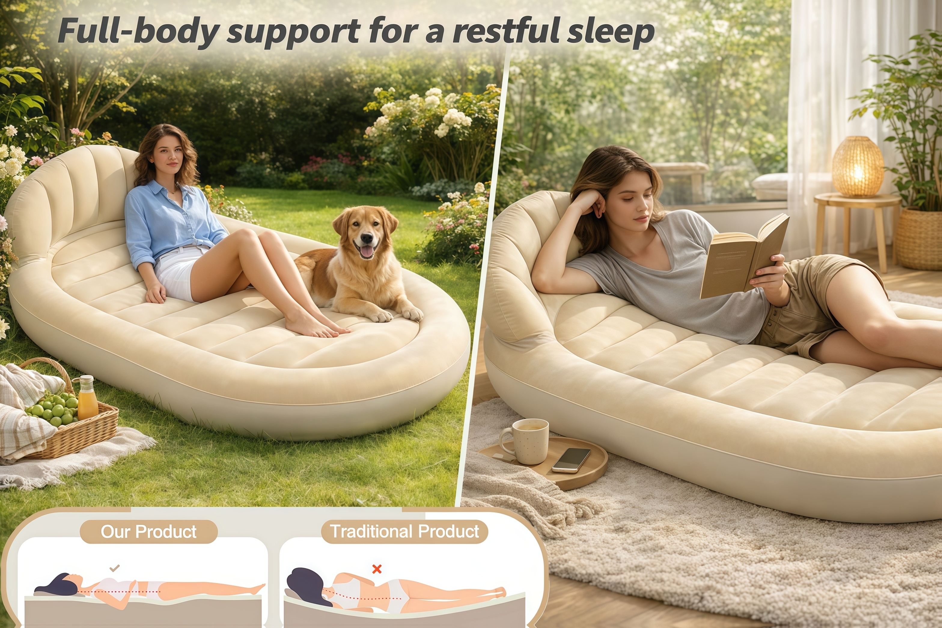 2-In-1 Inflatable Air Sofa Bed with Backrest, Portable Beige Air Mattress for Garden, Balcony, Beach & Camping, Strong Support Puncture Resistant Inflatable Travel Bed for Sunny Outdoor Lounge Bed 249.48KG Max