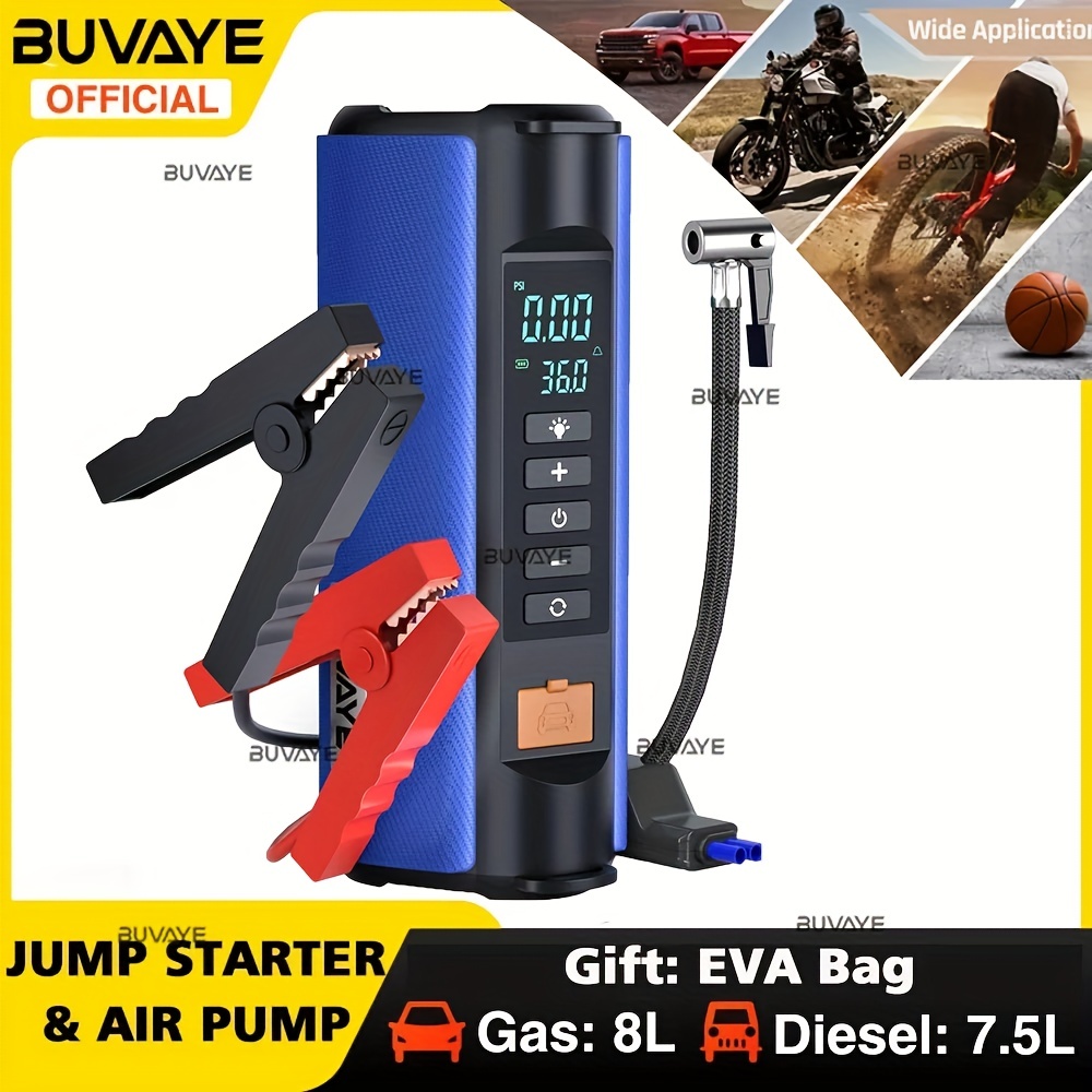 

Buvaye Car Jump Starter Air Pump Outdoor Portable Power Lamp Portable Air Compressor Multifunctional Tire Inflator With Eva Bag
