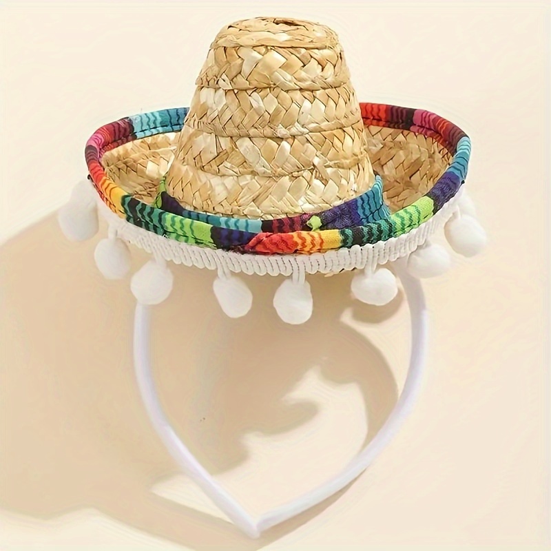 

1pc Mini Mexican Hat Hair Hoop Cinco De Mayo Hat Carnival Festive Pet Dog Mini Straw Hat Festival Theme Cat Hat Puppy Hat