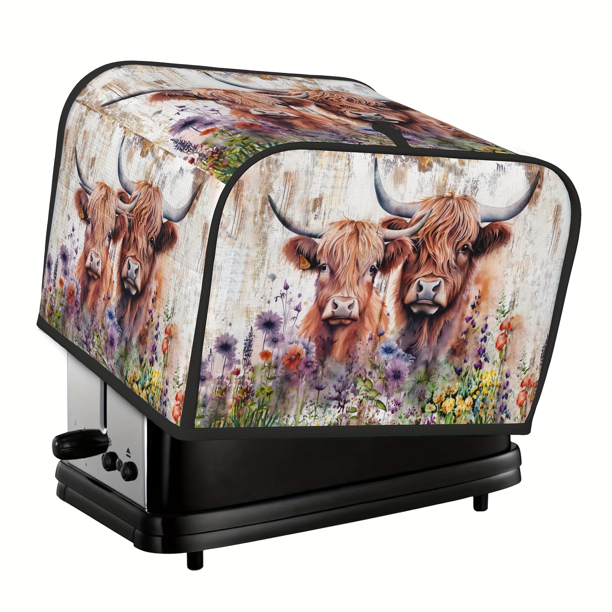 TEMU A Rural Cow-themed Dust Cover For Toasters, Featuring Watercolor Wildflowers Animals, Suitable For Most Microwaves And Toaster Ovens.
