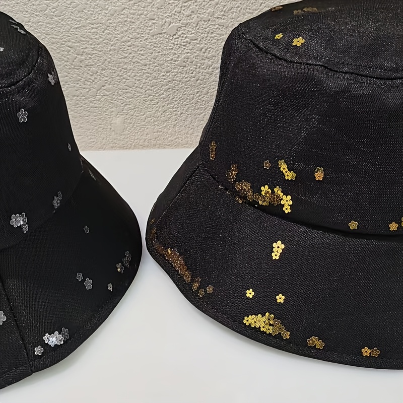 1pc womens floral sequin bucket hat lightweight black cap  display picture 1