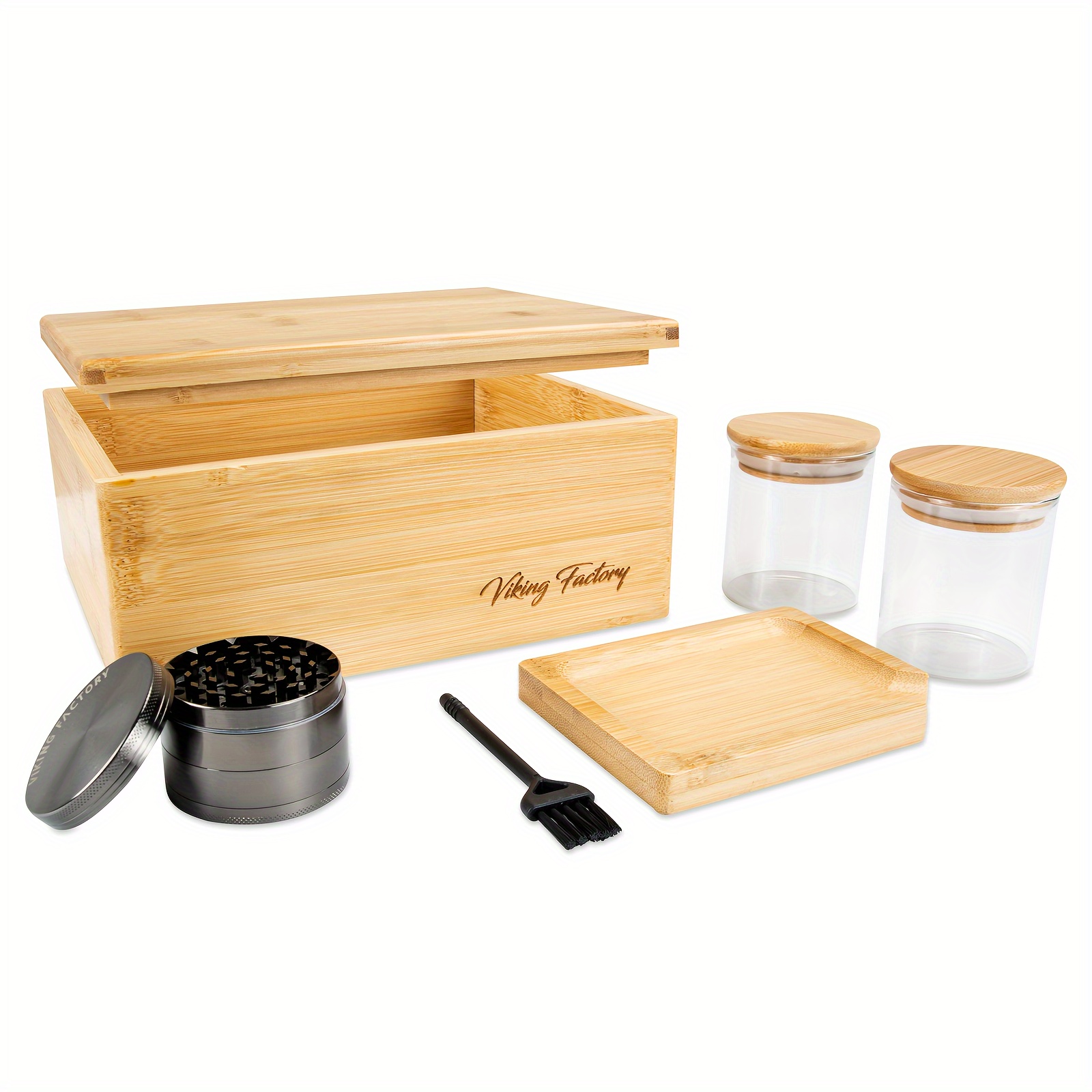 

Stash Box With Rolling Tray, Bamboo Storage Box Decorative Box With Glass Jar And Accessories