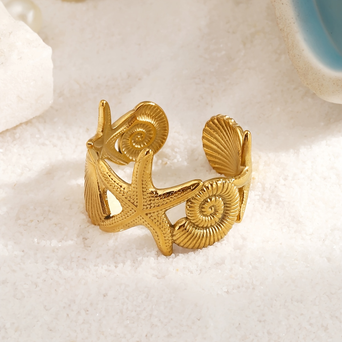 Women's Open-Adjustable Starfish & Seashell Ring