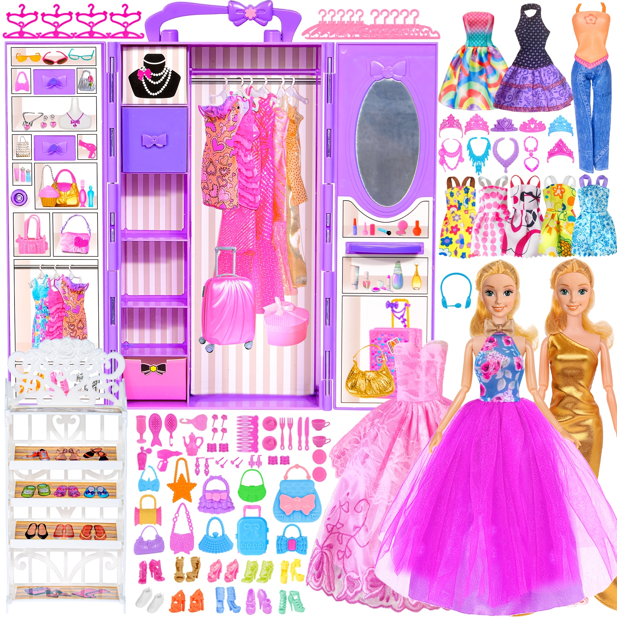 TEMU Ensemble de jeu de garde-robe pour poupée violette (Inclut une poupée) Cadeau de Noël pour les 3 ans et plus