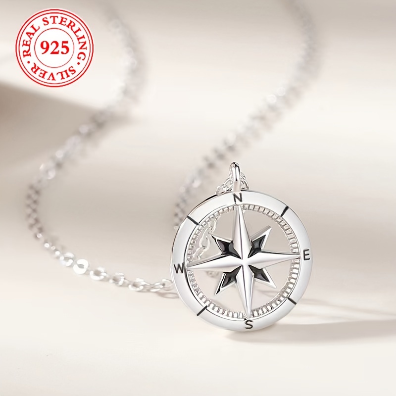

925 Sterling Silver Simple Geometric Compass Pendant Princess Necklace With Eight-pointed Star, Elegant Jewelry Gifts For Women & Girlfriend