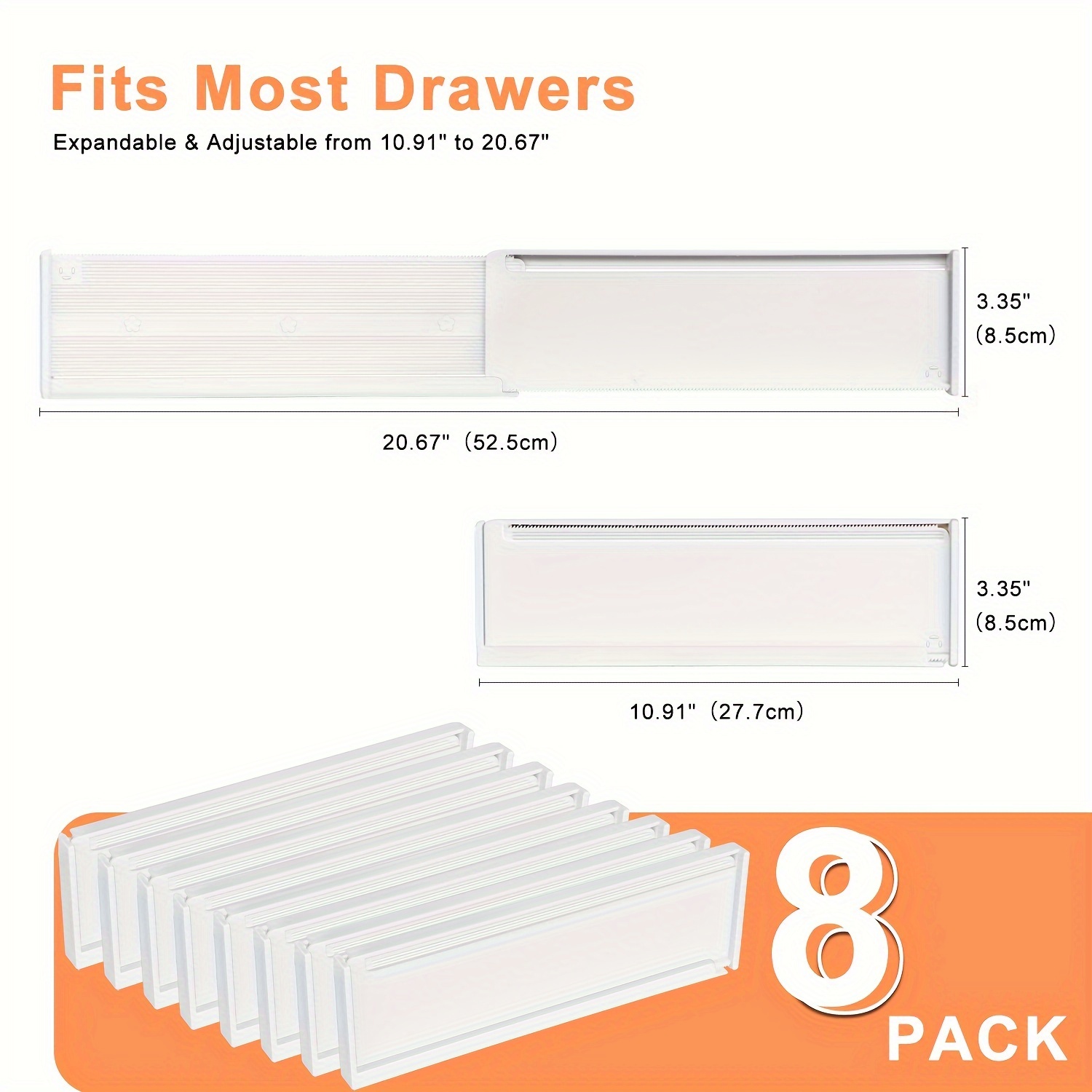 8-Pack Adjustable Plastic Kitchen Drawer Dividers, Extendable Organizers for Cosmetics, Clothing, Bedroom, Bathroom, Fridge & Office Storage, 8.51 cm High, with Reusable Adhesive Strips