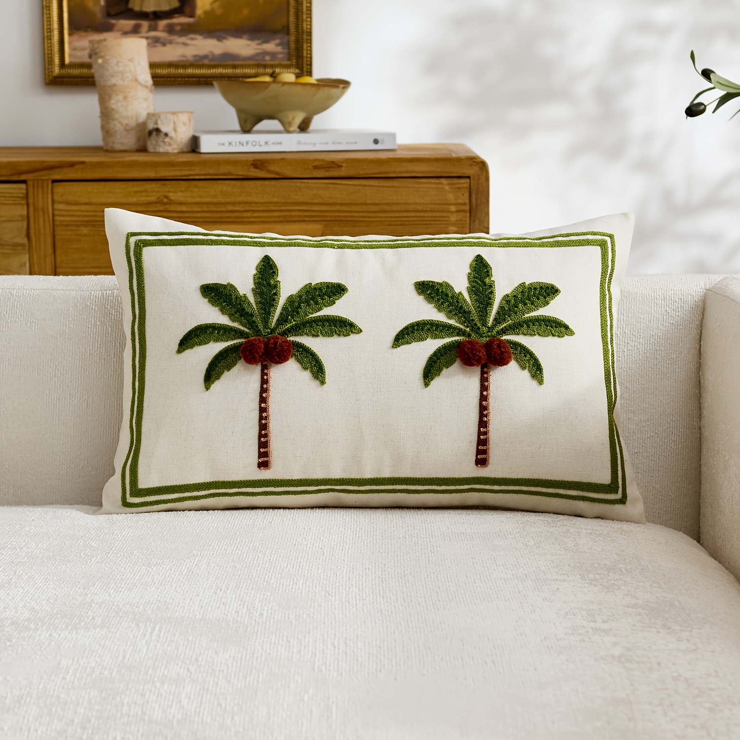 Image of 1pc Of Linen Pillowcase, Coconut Decorative Pillow Covers With Embroidery On , Ideal For Spring And Summer, Perfect For Decorating Your Sofa, Living Room, Or Bedroom, Does Not Pillow Insert