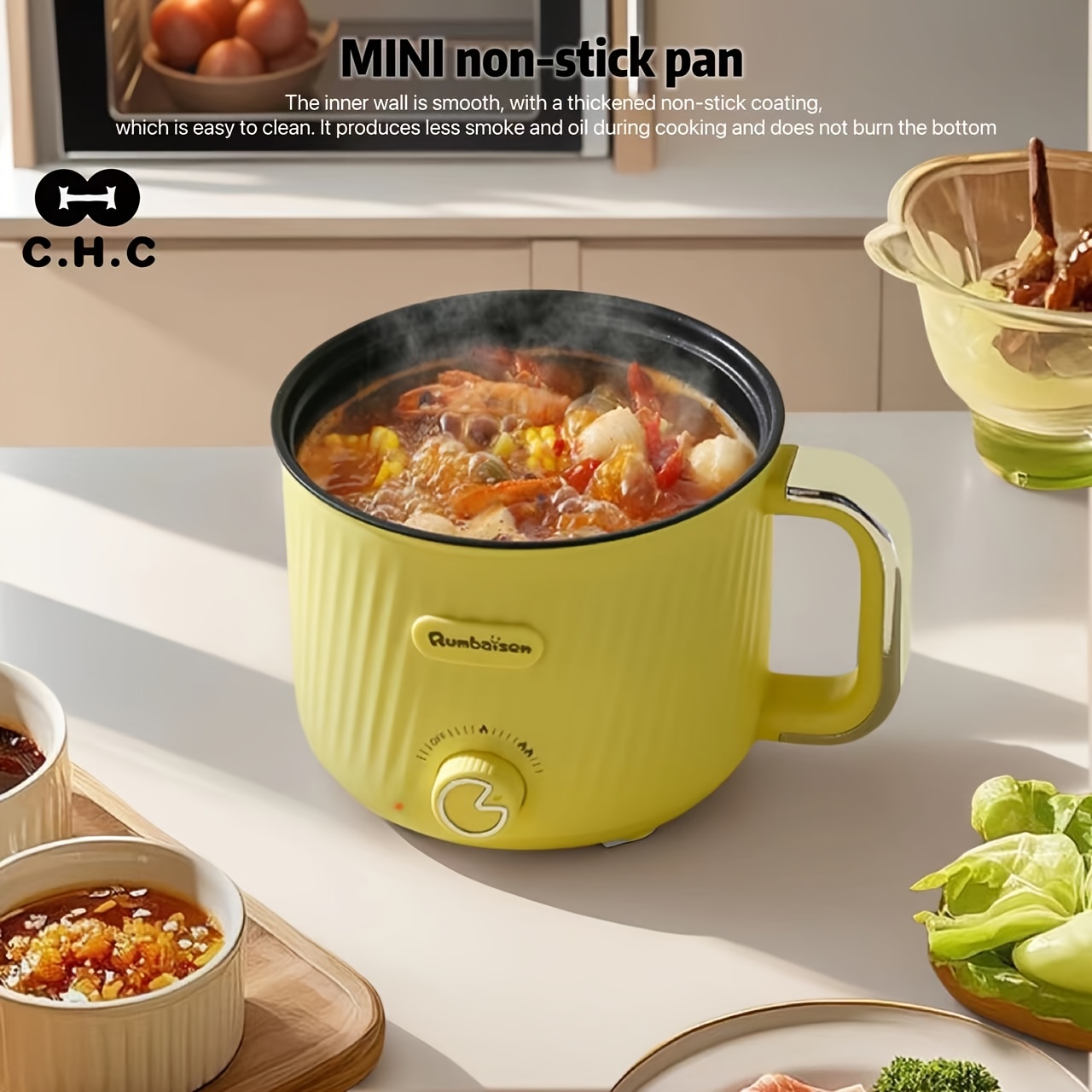 chc 1 8l capacity double layer electric cooker steamer frying pan non stick   cooker stew pot   vegetables steak fryer cooking pasta   maker seafood steaming cream yellow white   options suitable for rvs   travel business trips   appliance with two tier temperature control easy to clean