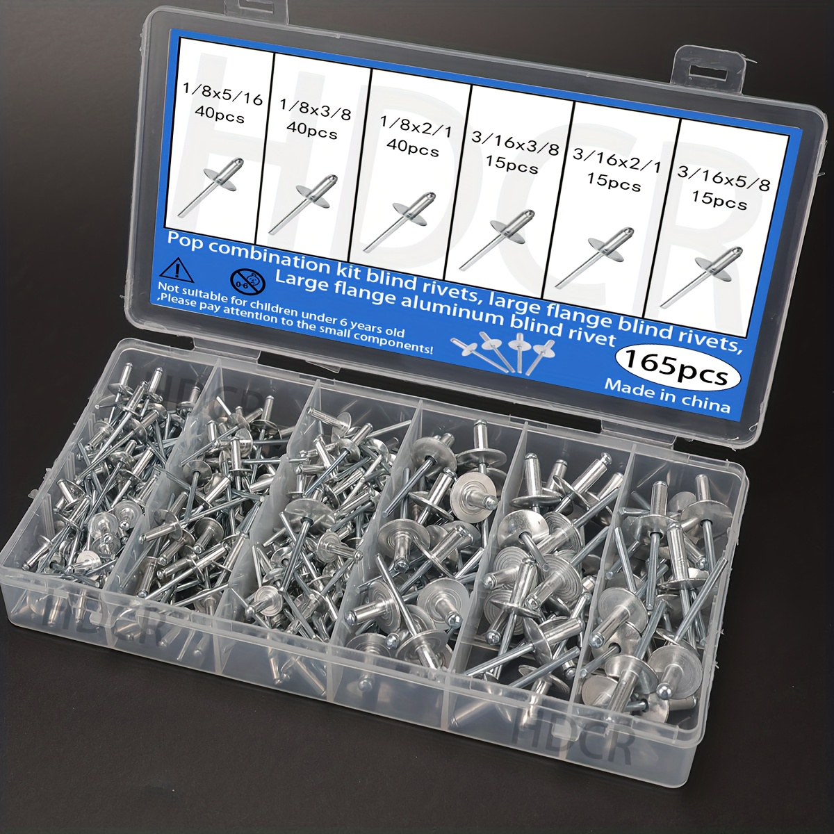 TEMU 165pcs Large Flange Blind Rivets, Pop Blind Rivets, 3/16 Inch X 1/2 Inch (4.8-8mm) Pop Rivets, Large Flange Blind Rivet Assortment Kit - Durable