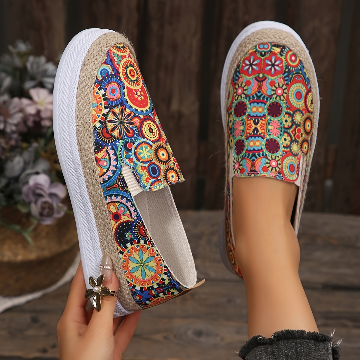TEMU Women's Bohemian Mandala Print Slip-on Flat Shoes, Colorful Totem Woven Platform Slip-on Women's Shoes, Ethnic Style Breathable Slip-on Shoes,