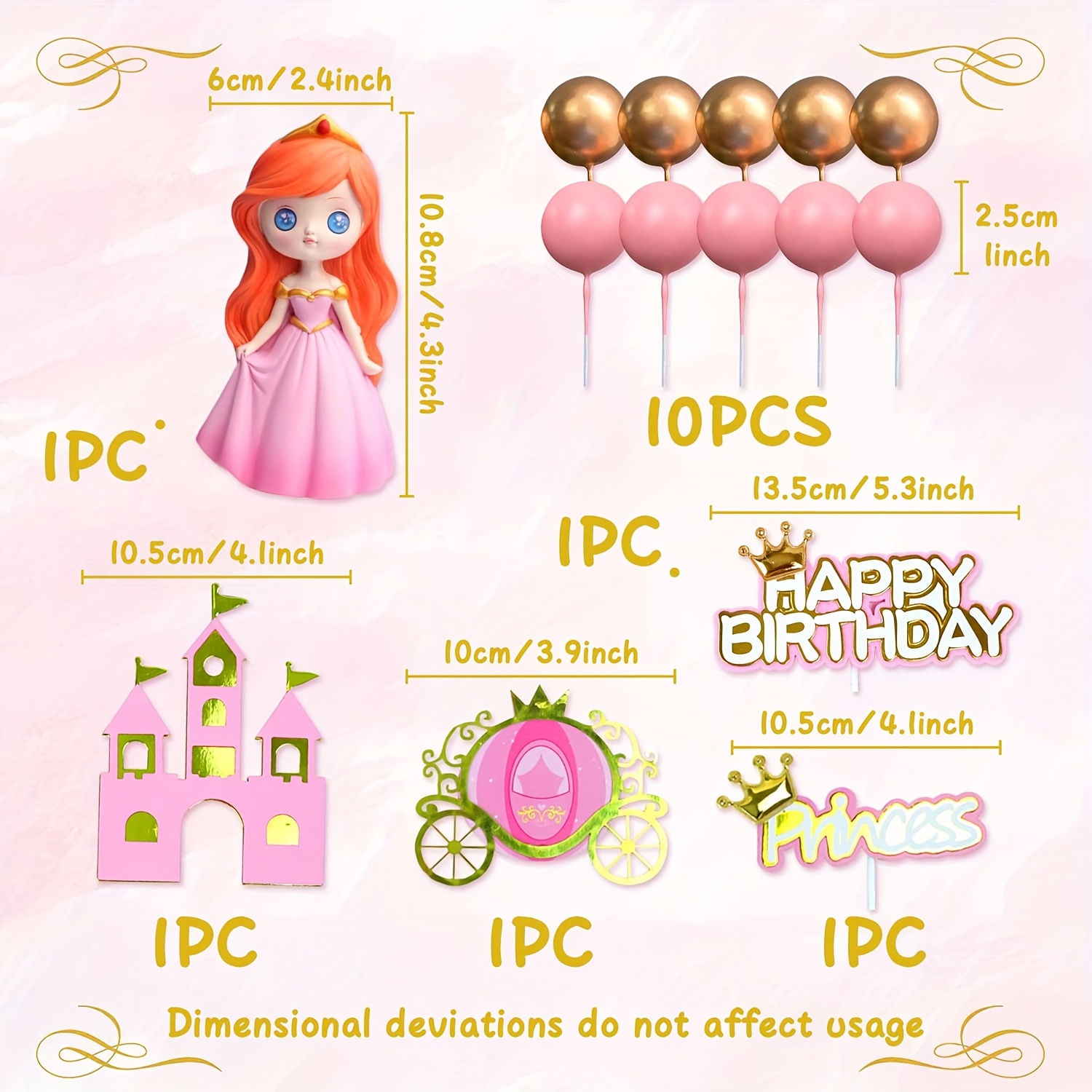 Ceqiny Prinzessin Cake Topper – 5-teiliges Kuchen-Deko-Set In Rosa, Mit 4 Großen Toppern & 1 Prinzessinnen-Puppe – Ideal Für Mädchengeburtstage & Partys