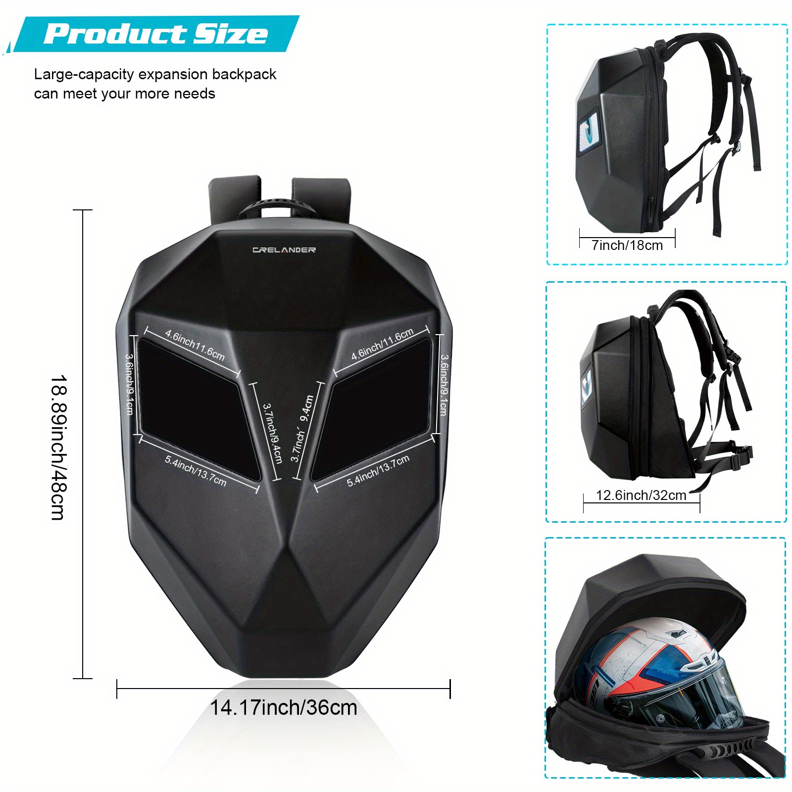 Sac à dos LED pour ordinateur portable Crelander avec yeux, sac à dos LED pour moto Chevalier de 45,72 cm avec écran couleur programmable, grand sac à casque rigide de grande capacité, sac à dos tendance pour la randonnée, le camping, le vélo et les voyages – Image 4