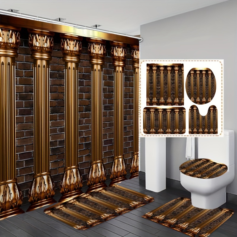 

1/3/4pcs Golden Roman Column Pattern Set, Waterproof Bathroom Partition Curtain With Hooks, Non-slip Bath Rug, Toilet U-shape Mat, Toilet Lid Cover Mat, Bathroom Accessories