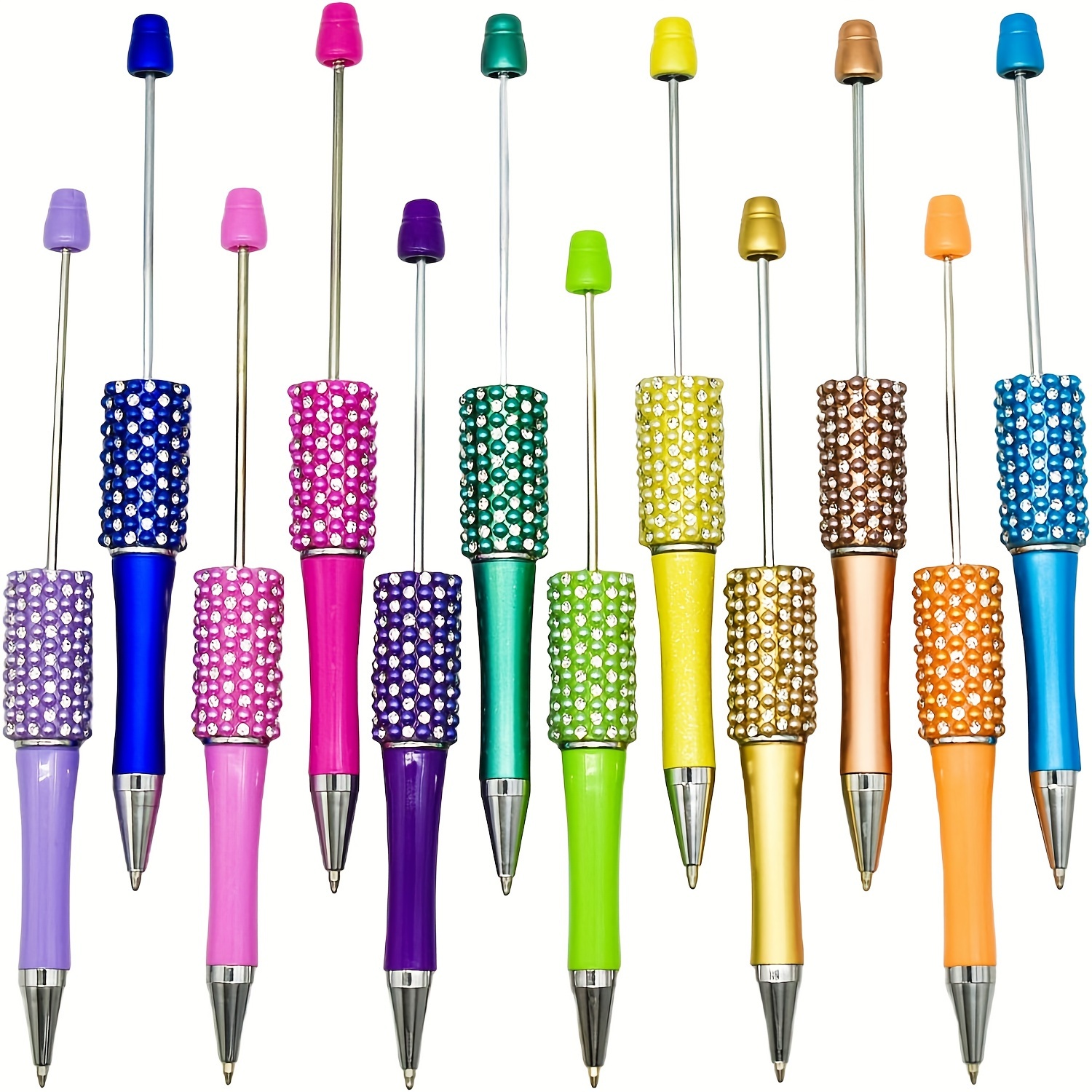 

12pcs Plastic Decorative Bead Pen Set Includes Gemstone Beads And Rotating Ballpoint Pens For Crafting.