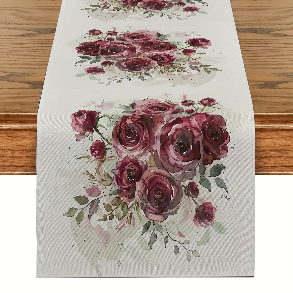 

1pc, Rustic Floral Table Runner, Polyester Lavender & Wildflower Design, Decorative Dining Table Cloth, Long Rectangular Tabletop Decor For Home & Parties