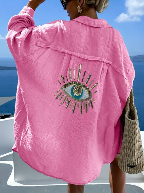 modieus lente/zomer elegant - losvallend casual damesshirt met lange mouwen en oogjesdetail aan de achterkant