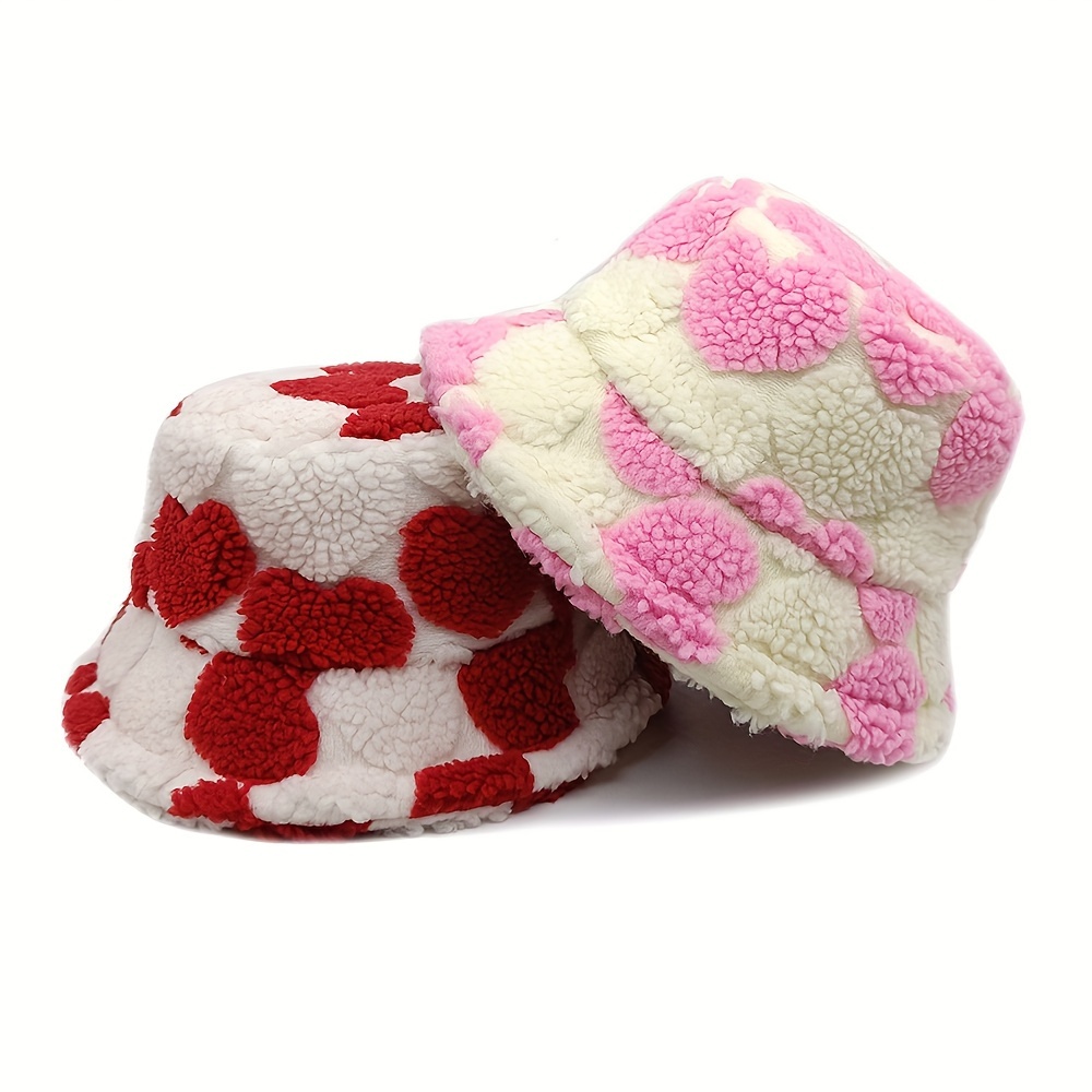 

Festive Heart-print Fleece Bucket Hat For Women - Thanksgiving And Holidays - Lightweight And Easy To Care For