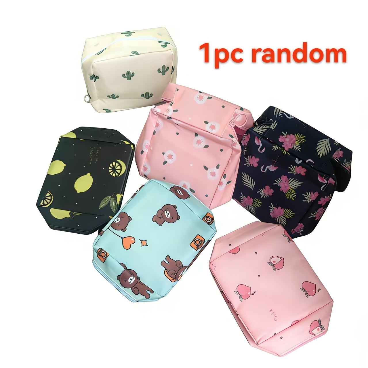 TEMU 1pc Random Color - Lightweight And Convenient Portable Women's Large Capacity Sanitary Pad Storage Bag With Zipper Closure - Cute Floral And