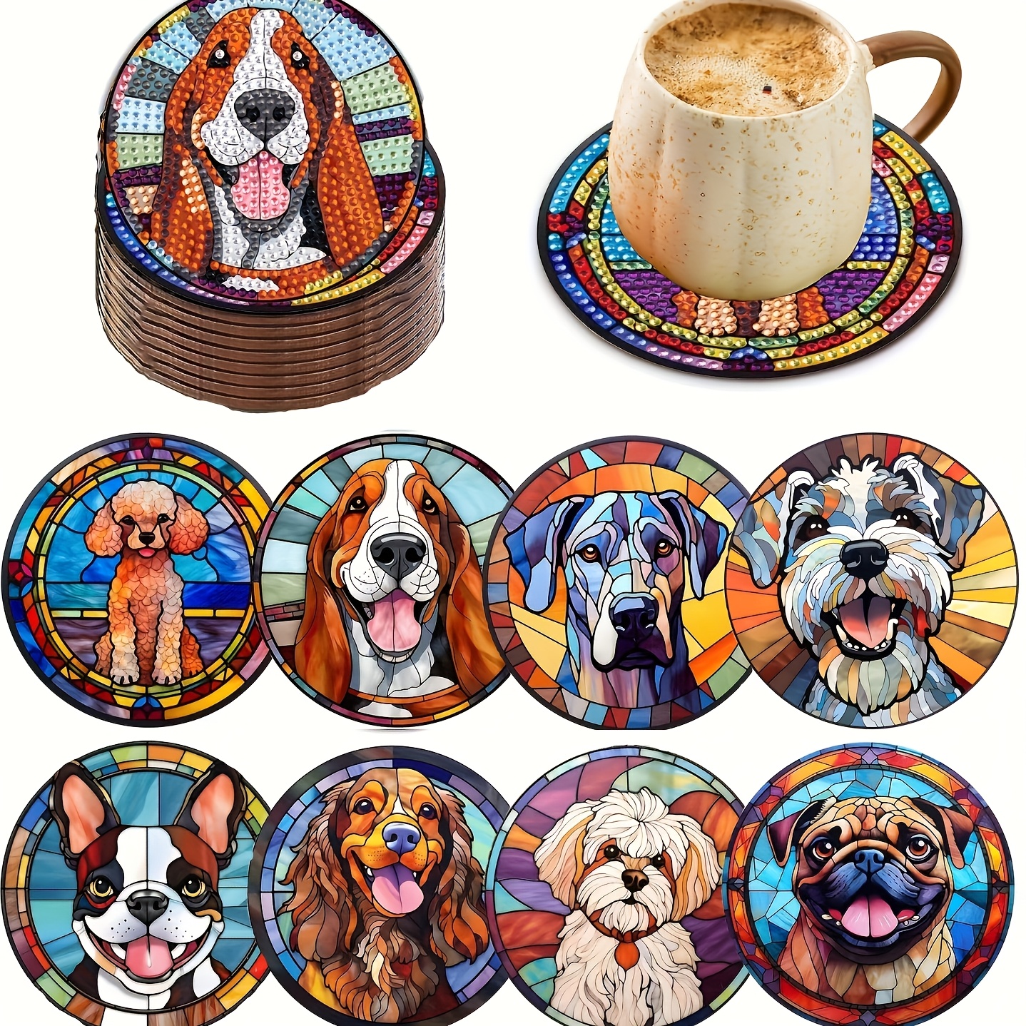 

8pcs Dog Themed Diamond Painting Coaster Kits, Diy Craft Stained Round Diamond Art Coasters, Animal Patterns, Major Material: Wood, With : Round For Handmade Gift Set