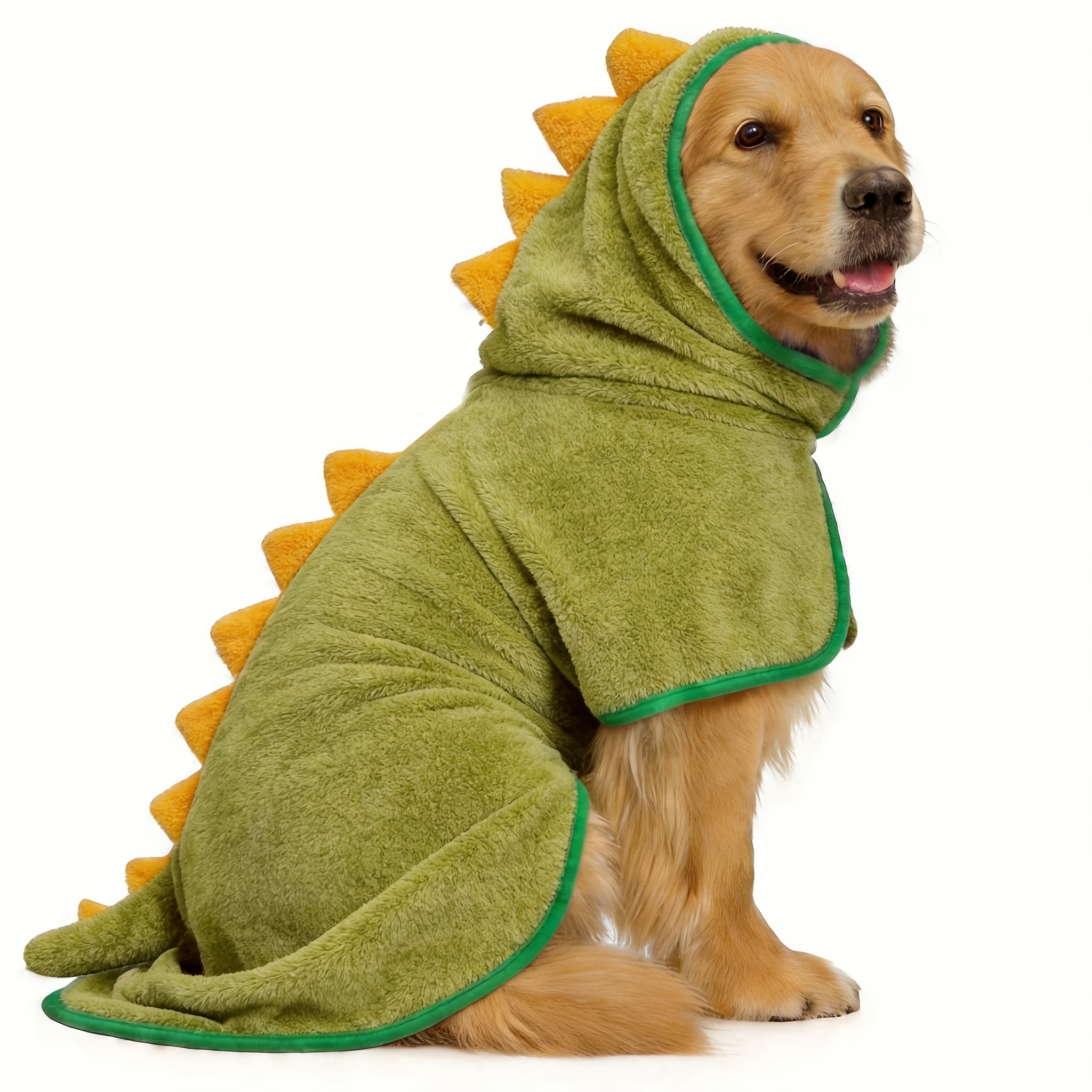 TEMU 2-in-1 Dog Bathrobe Winter Warm Coat Super Absorbent Coral Fleece Hooded Towel With Adjustable Hook-and-loop Belt, Cute Dinosaur Costume,