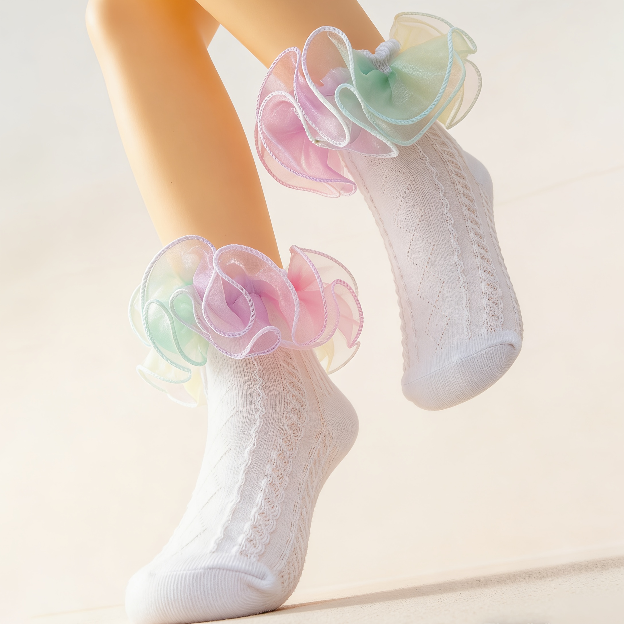 1 Pair Of Children's Girls' Mid-large Size Mesh Lace Socks With Net Lace Dance Ankle Socks
