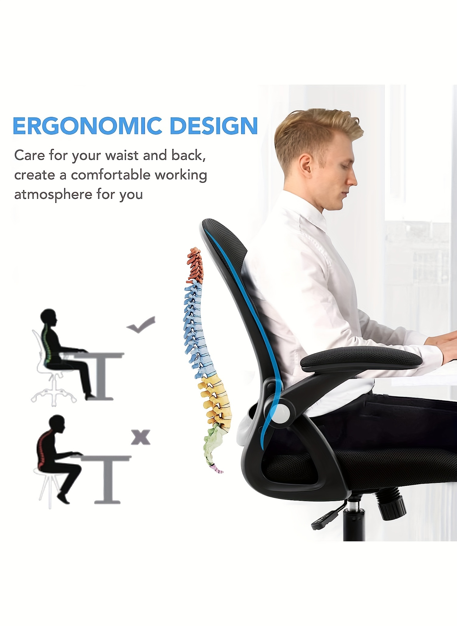 Height Adjustable Ergonomic Office Mesh Chair Flip Arm - Temu Australia